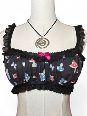 Hot Topic Black Mushroom Print Ruffle Crop Top Pink Bow Goth Fairy Rave